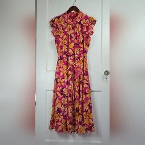 Nina Leonard Bright Pink Floral Tropical Midi Dress XL